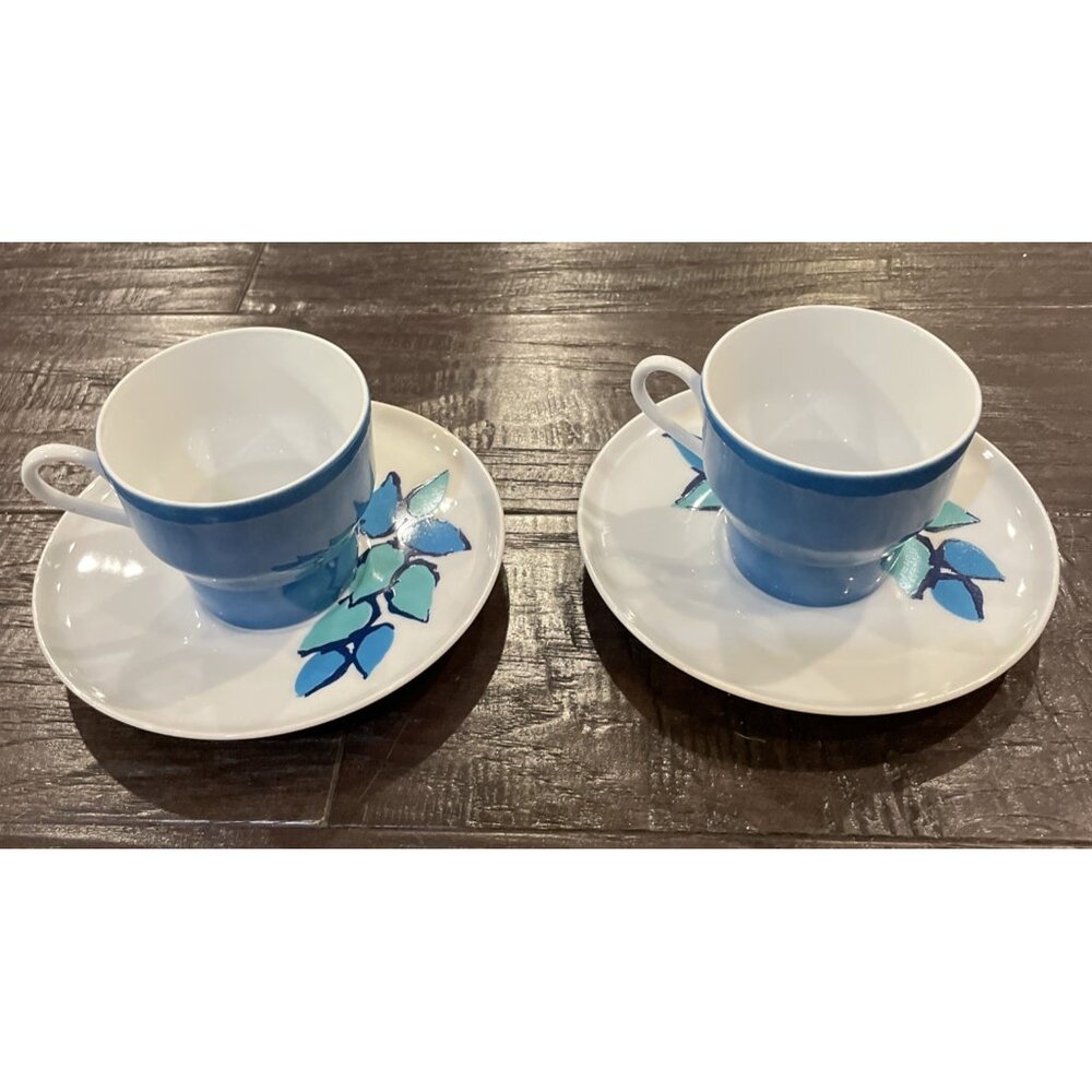 Paul McCobb Contempri San Remo Blue Leaves Set Of 2 Tea Cup Saucers Plates MCM